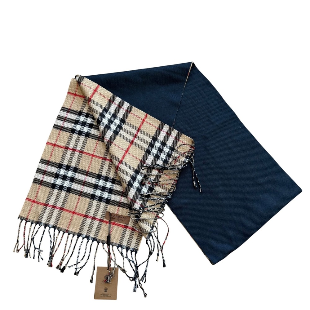 Burberry Reversible Check Scarf Archive Beige Black Plaid Fringe NWT - Picture 2 of 6